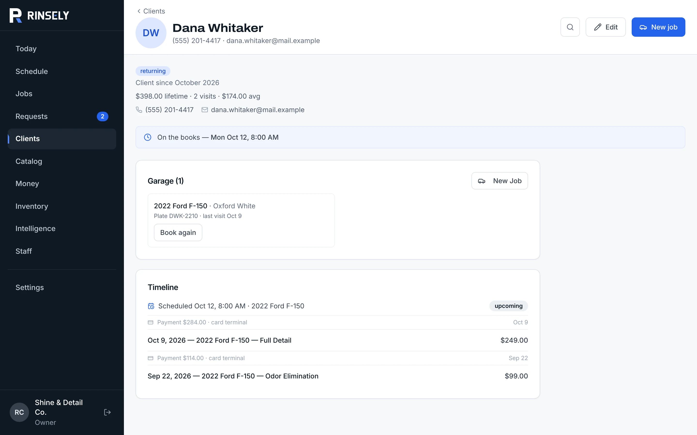 A client profile: lifetime value, the next booking, their truck with a Book again button, and a timeline of past visits and payments.