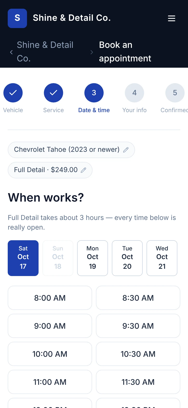 Booking step three on a phone: open times for a three-hour full detail.