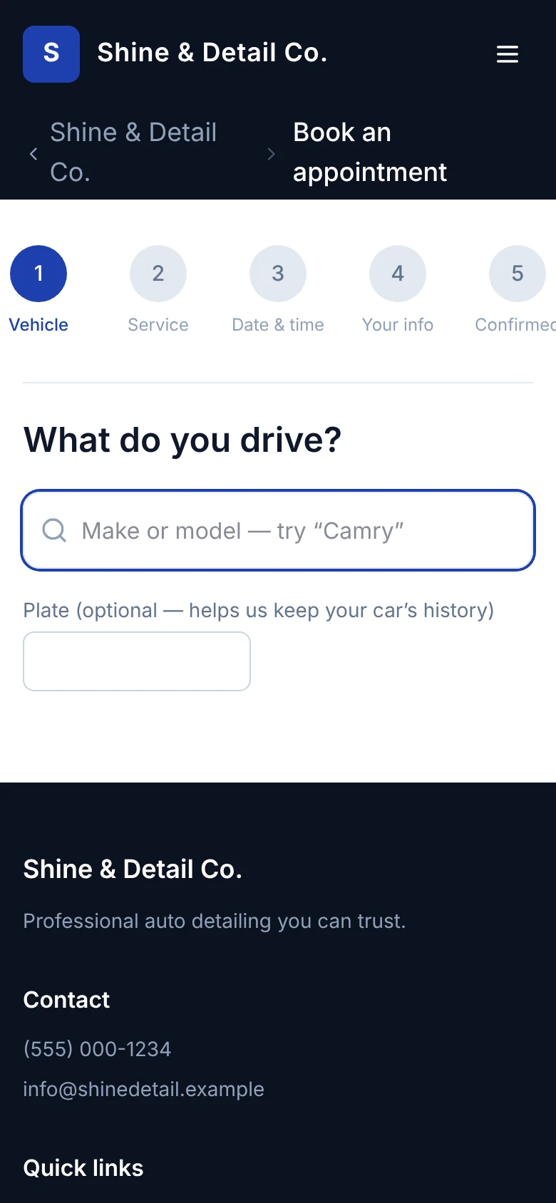 Booking step one on a phone: the customer picks their vehicle.